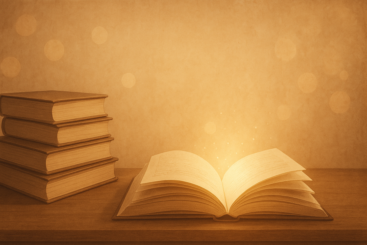 A warm and cozy background featuring a stack of books, an open book with glowing pages, subtle wooden and parchment textures, soft bokeh lighting, minimalistic and elegant, suitable as a universal website header background for all book genres including fiction, novels, translations, essays, poetry, and historical books, text-friendly and visually appealing.